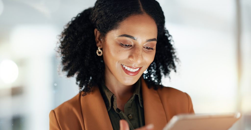 Businesswoman with smile, tablet and scroll, thinking and reading email, review or article at start